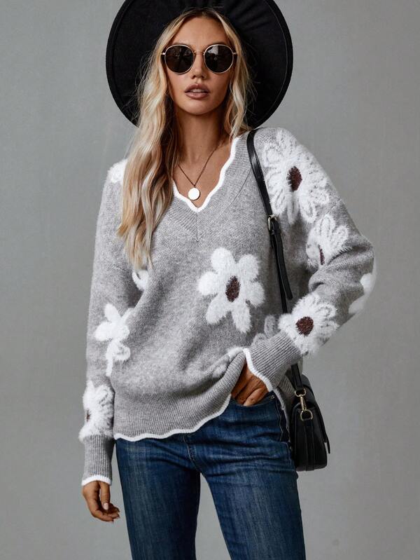 Paula - Elegant Floral Sweater with V-Neck | Elina Dublin