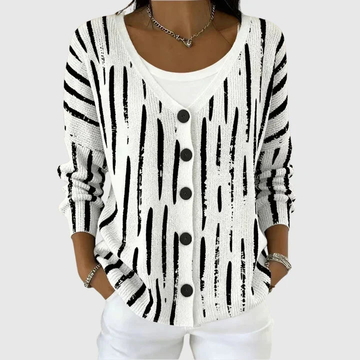 Clémence - White Button-Up Cardigan with Black Lines | Elina Dublin