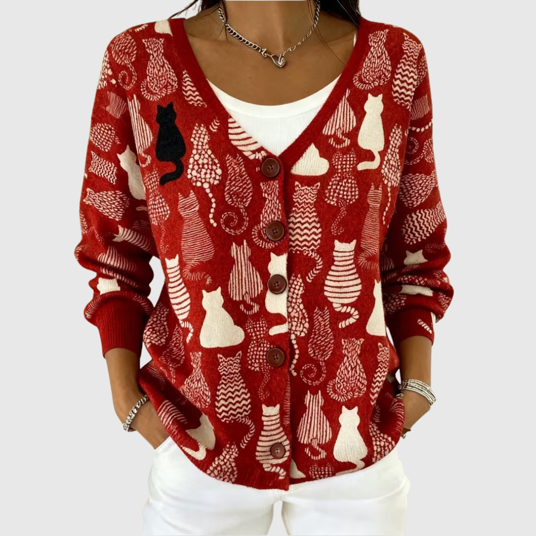 Karine - Red Button-Up Cardigan with White Cats | Elina Dublin