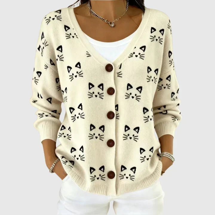 Océane - Cream Button-Up Cardigan with Cat Faces | Elina Dublin
