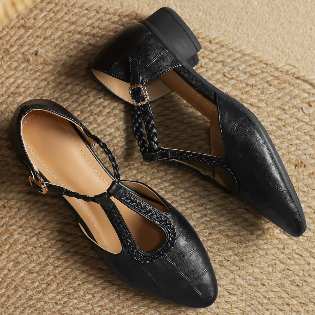 Greta – Classic Leather T-Bar Shoes with Braided Detail | Elina Dublin