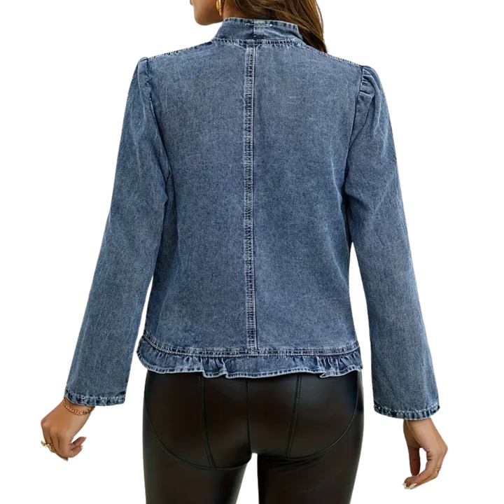 JOLIET™ – Ruffle Placket Slim Denim Jacket | Elina Dublin