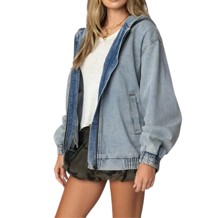 FRANNI™ – Hooded Vintage Washed Denim Bomber Jacket | Elina Dublin