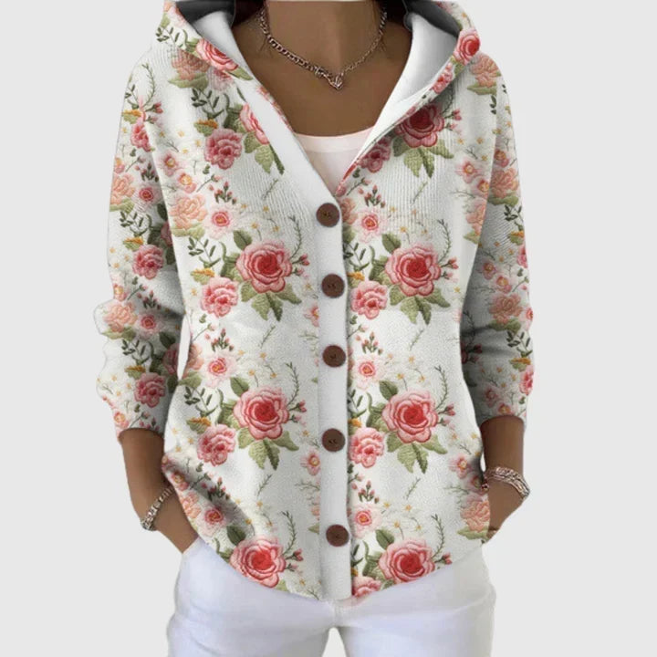 Rosalie - Cream Hooded Cardigan with Pink Roses | Elina Dublin