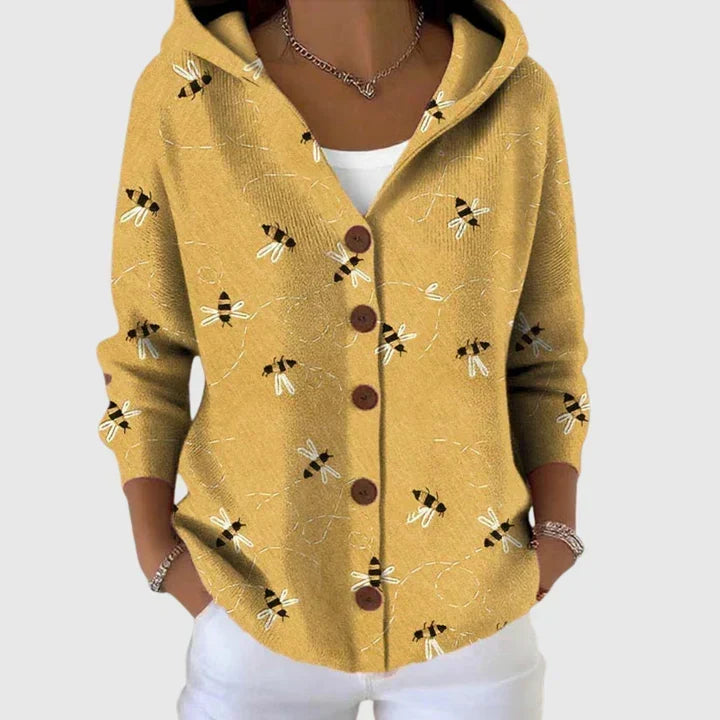 Perrine - Mustard Hooded Cardigan with Bees | Elina Dublin