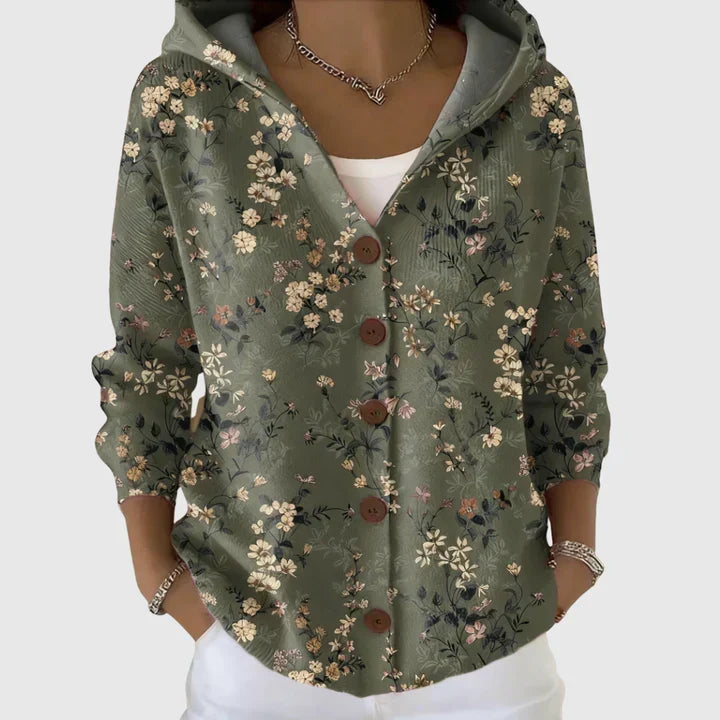 Solène - Khaki Hooded Cardigan with Small Flowers | Elina Dublin