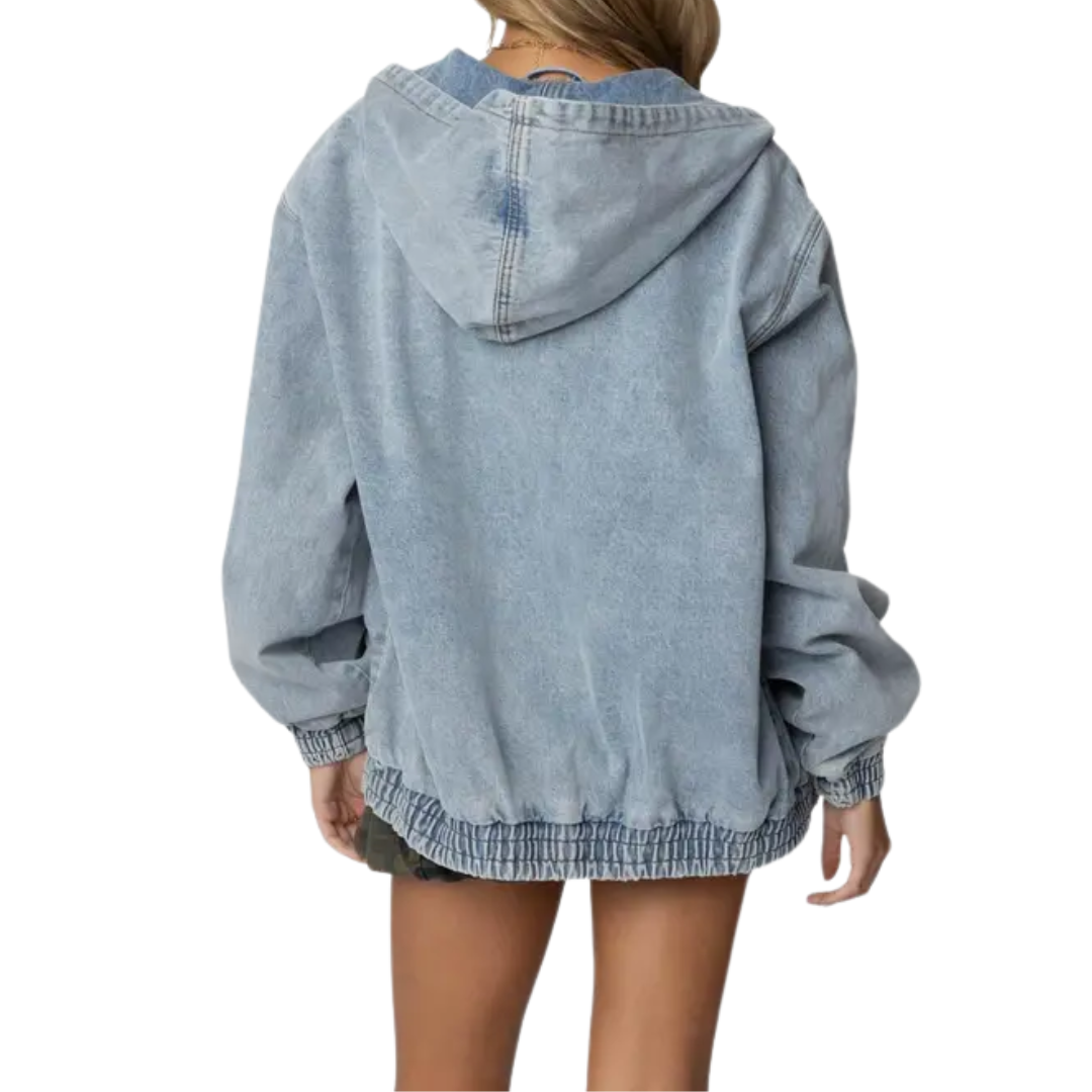 FRANNI™ – Hooded Vintage Washed Denim Bomber Jacket | Elina Dublin