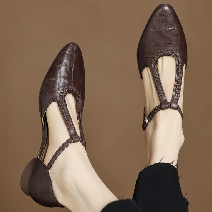 Greta – Classic Leather T-Bar Shoes with Braided Detail | Elina Dublin