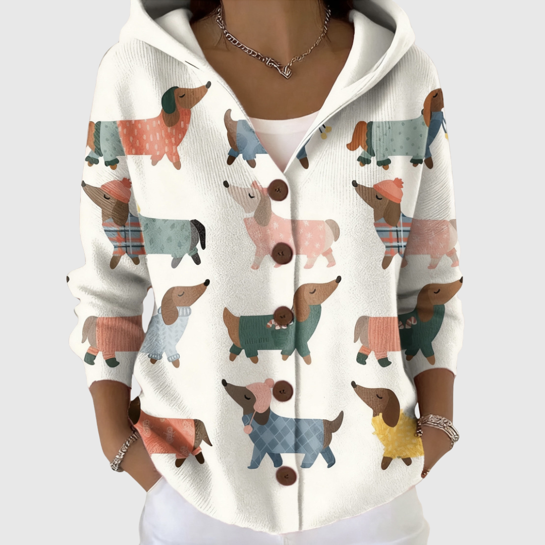 Delphine - Cream Hooded Cardigan with Colourful Dachshunds | Elina Dublin