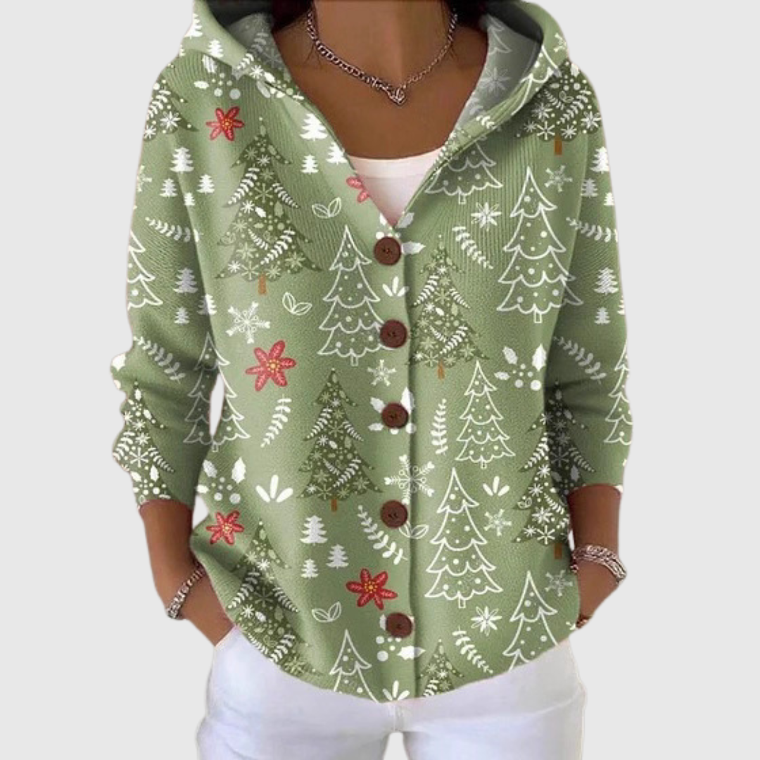 Ghislaine - Green Hooded Cardigan with Christmas Firs and Flowers | Elina Dublin