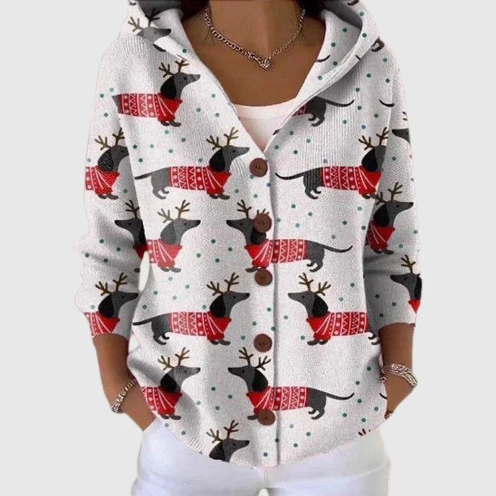 Camille - White Button-Up Cardigan with Christmas Dachshunds | Elina Dublin