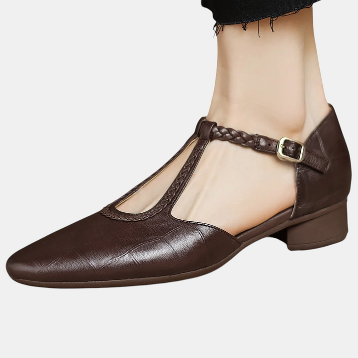 Greta – Classic Leather T-Bar Shoes with Braided Detail | Elina Dublin