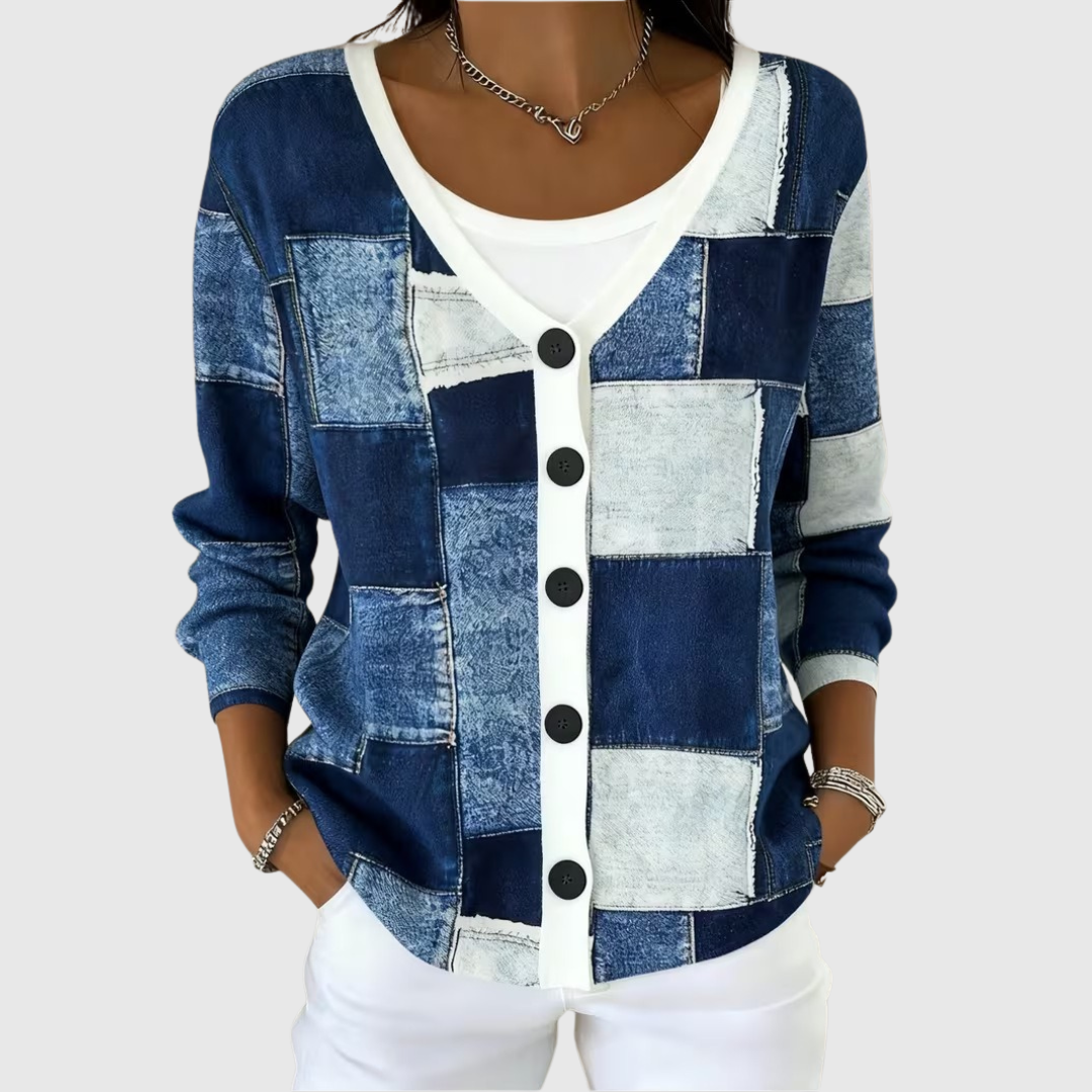 Léonie - Button-Up Cardigan in Denim Patchwork | Elina Dublin