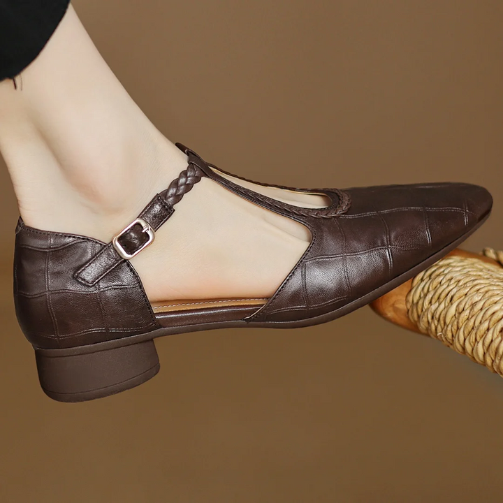 Greta – Classic Leather T-Bar Shoes with Braided Detail | Elina Dublin