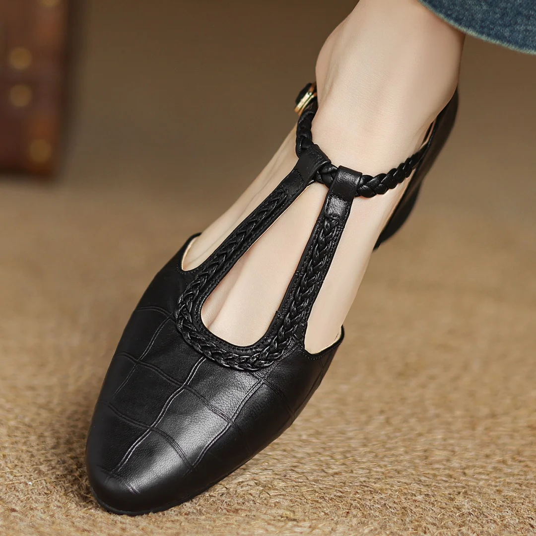 Greta – Classic Leather T-Bar Shoes with Braided Detail | Elina Dublin