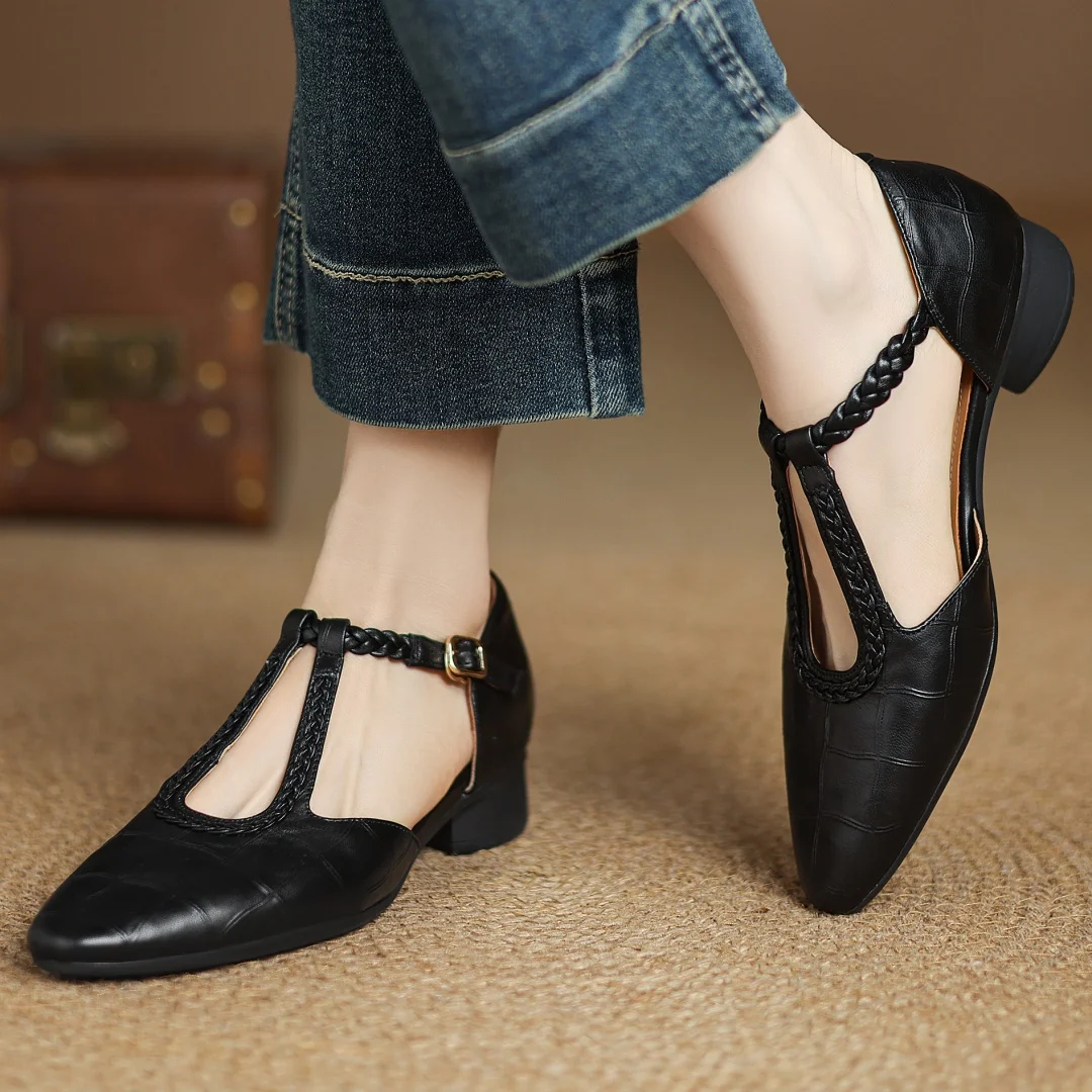 Greta – Classic Leather T-Bar Shoes with Braided Detail | Elina Dublin