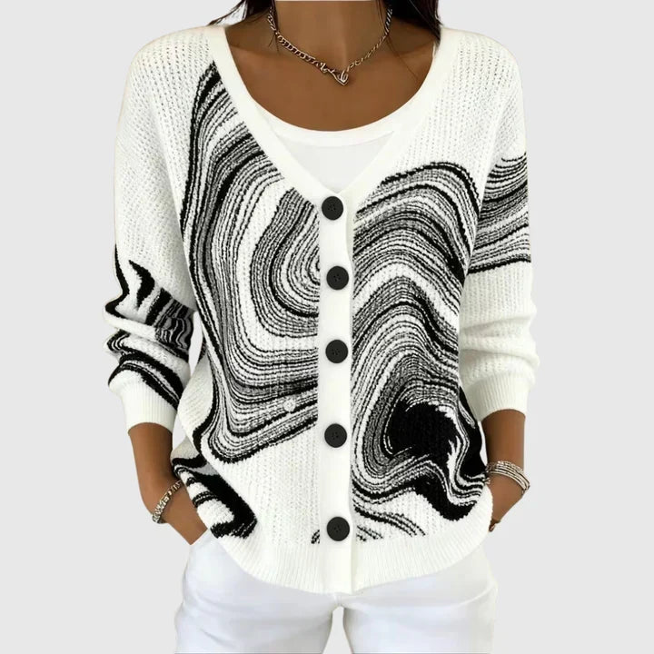 Domitille - White Button-Up Cardigan with Marble Print | Elina Dublin
