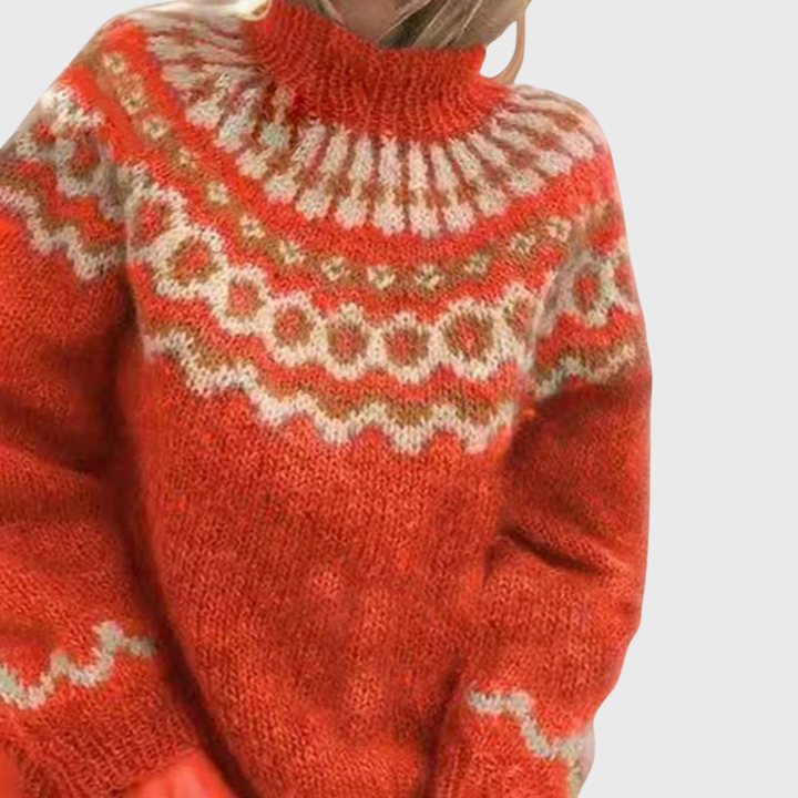 Sonja | Blue Jumper with Stand Collar and Nordic Pattern | Elina Dublin