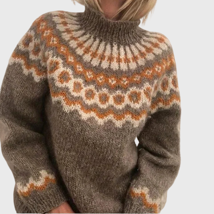Sonja | Blue Jumper with Stand Collar and Nordic Pattern | Elina Dublin