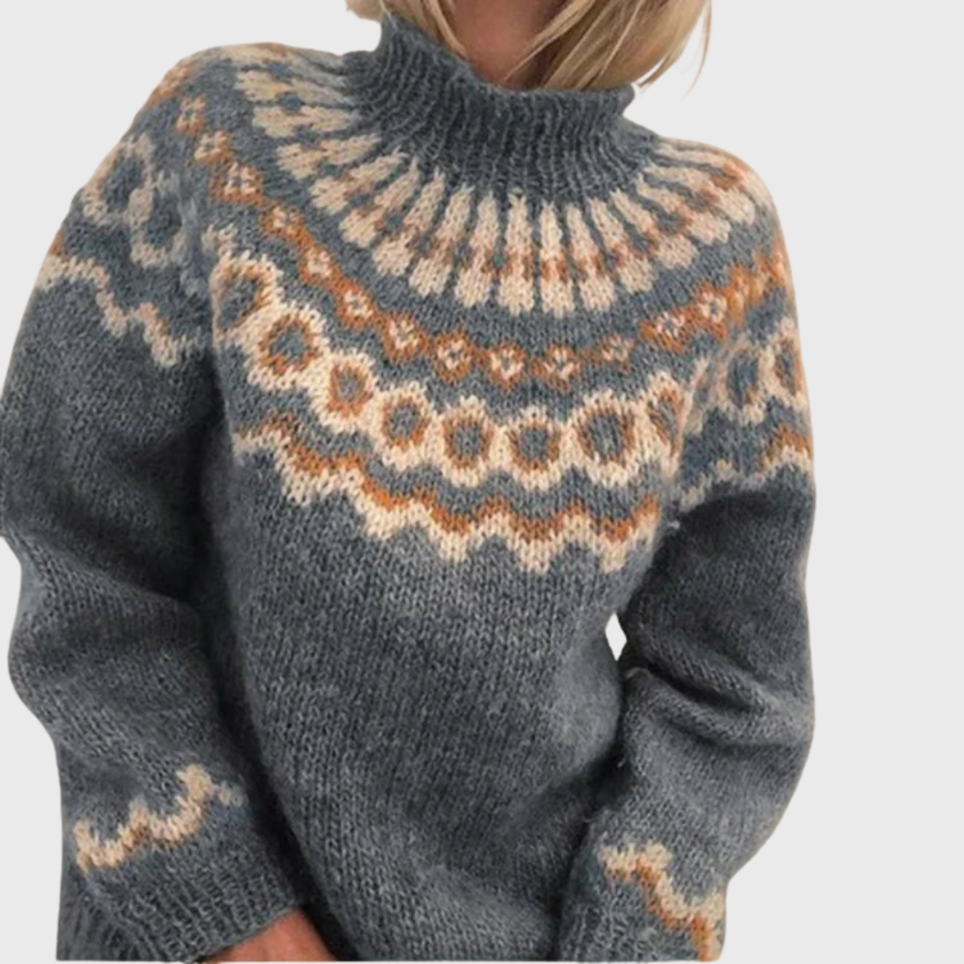 Sonja | Blue Jumper with Stand Collar and Nordic Pattern | Elina Dublin
