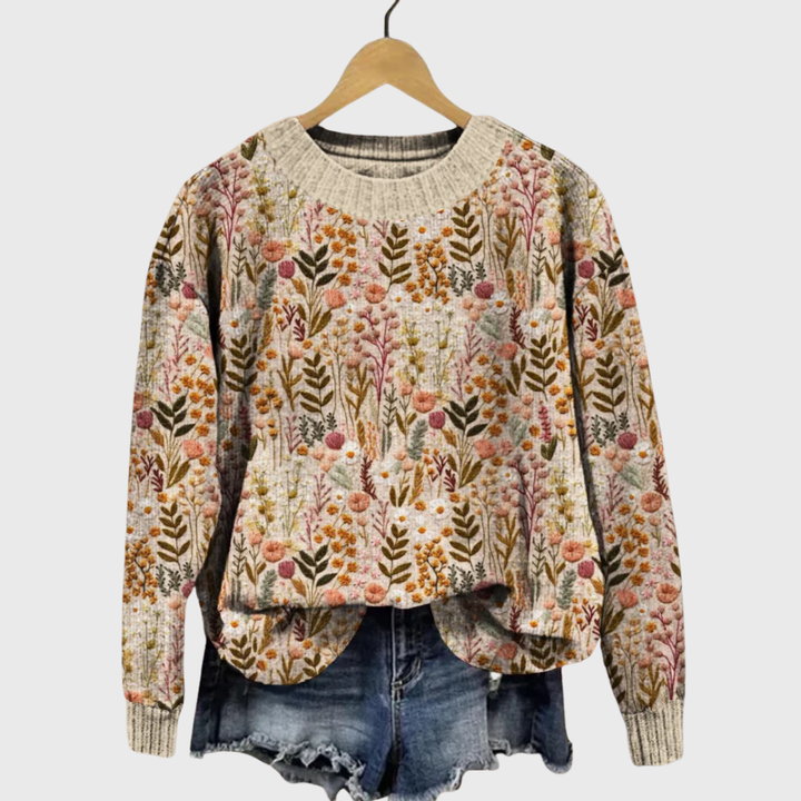 Fani | Beige Soft Jumper with Blossom Pattern | Elina Dublin