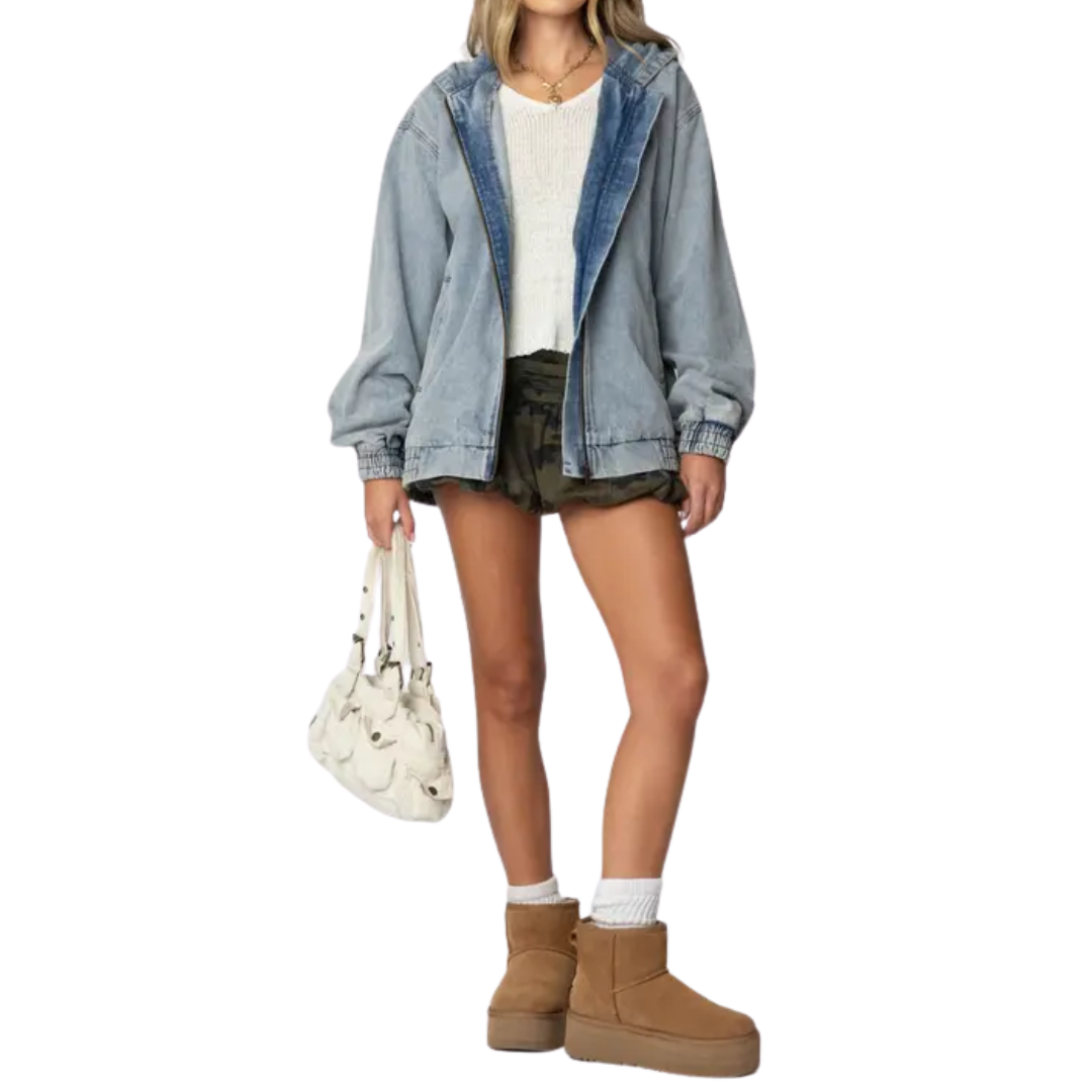 FRANNI™ – Hooded Vintage Washed Denim Bomber Jacket | Elina Dublin