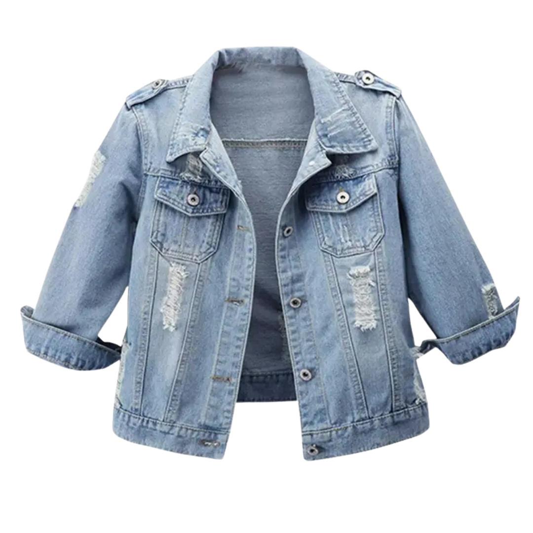 DENIM™ – Distressed Cropped 3/4 Sleeve Denim Jacket | Elina Dublin