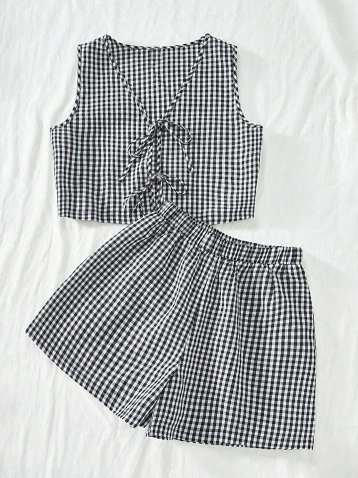 AMY™ – 2-Piece Plaid Striped Vest & High-Waisted Loose Shorts | Elina Dublin