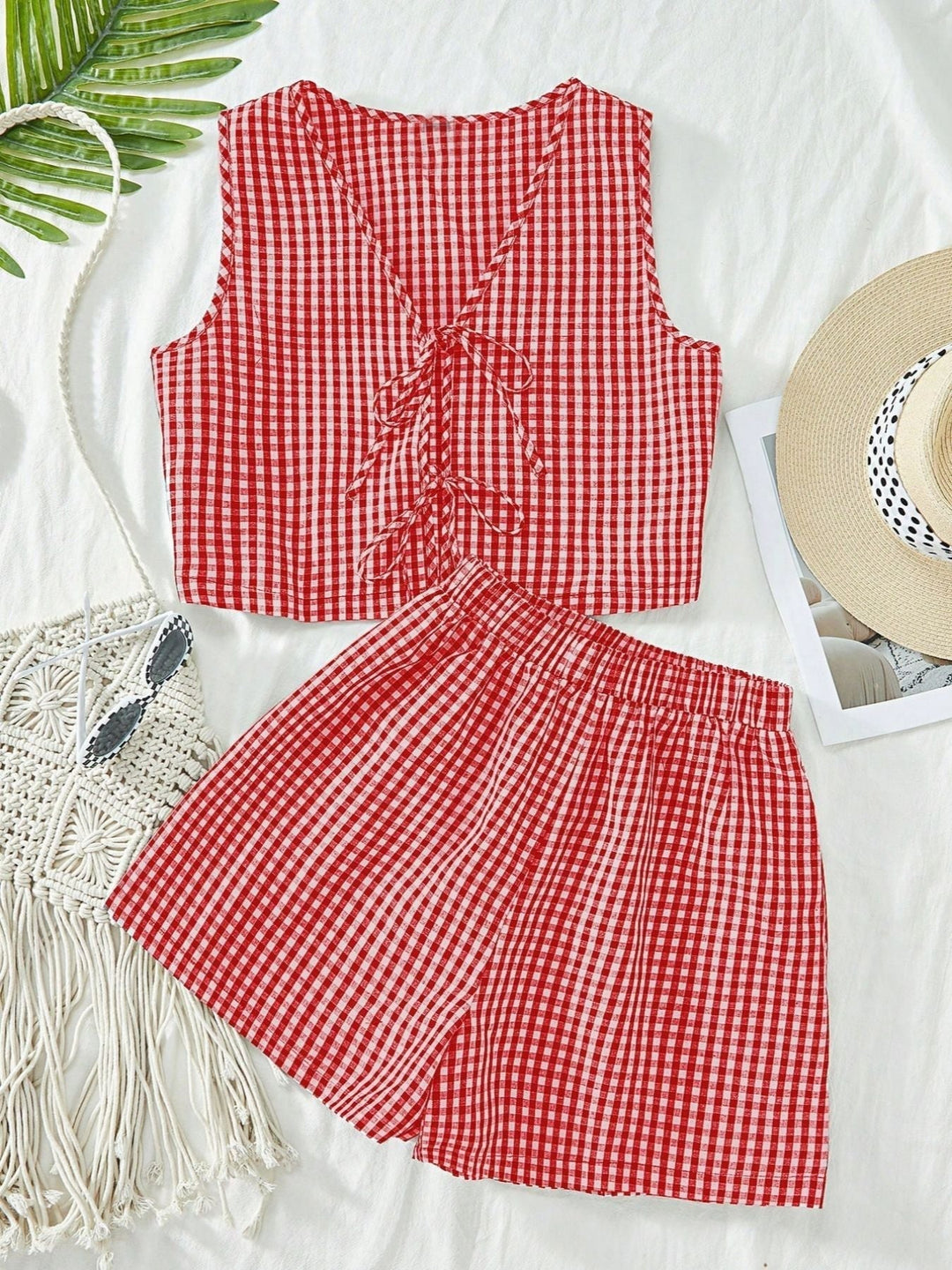 AMY™ – 2-Piece Plaid Striped Vest & High-Waisted Loose Shorts | Elina Dublin