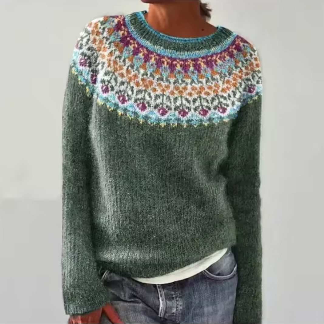 Susi | Grey Retro Jumper with Colourful Nordic Pattern | Elina Dublin