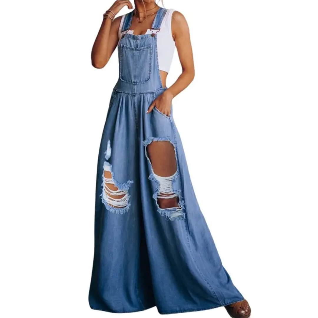 FRANNIE™ – Casual Ripped Wide Leg Denim Bib Overall Jeans Pants | Elina Dublin
