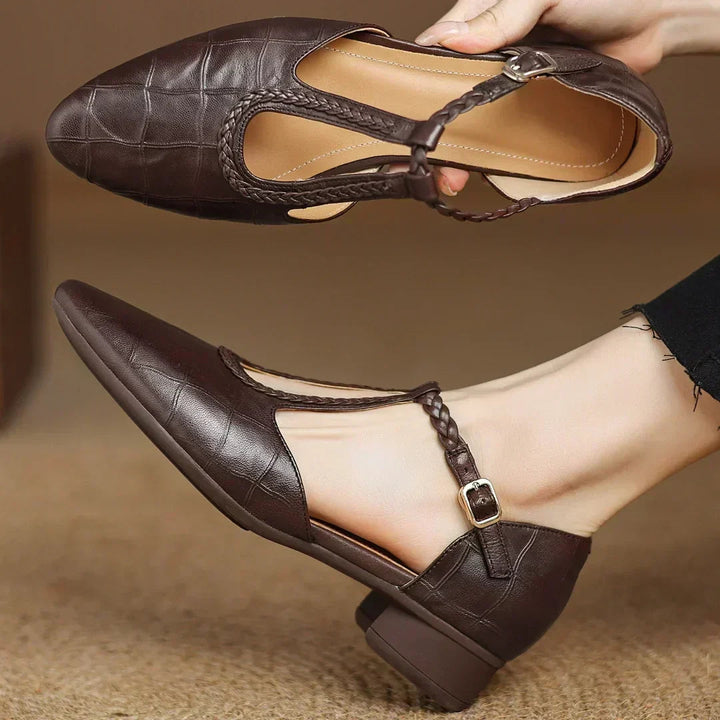Greta – Classic Leather T-Bar Shoes with Braided Detail | Elina Dublin