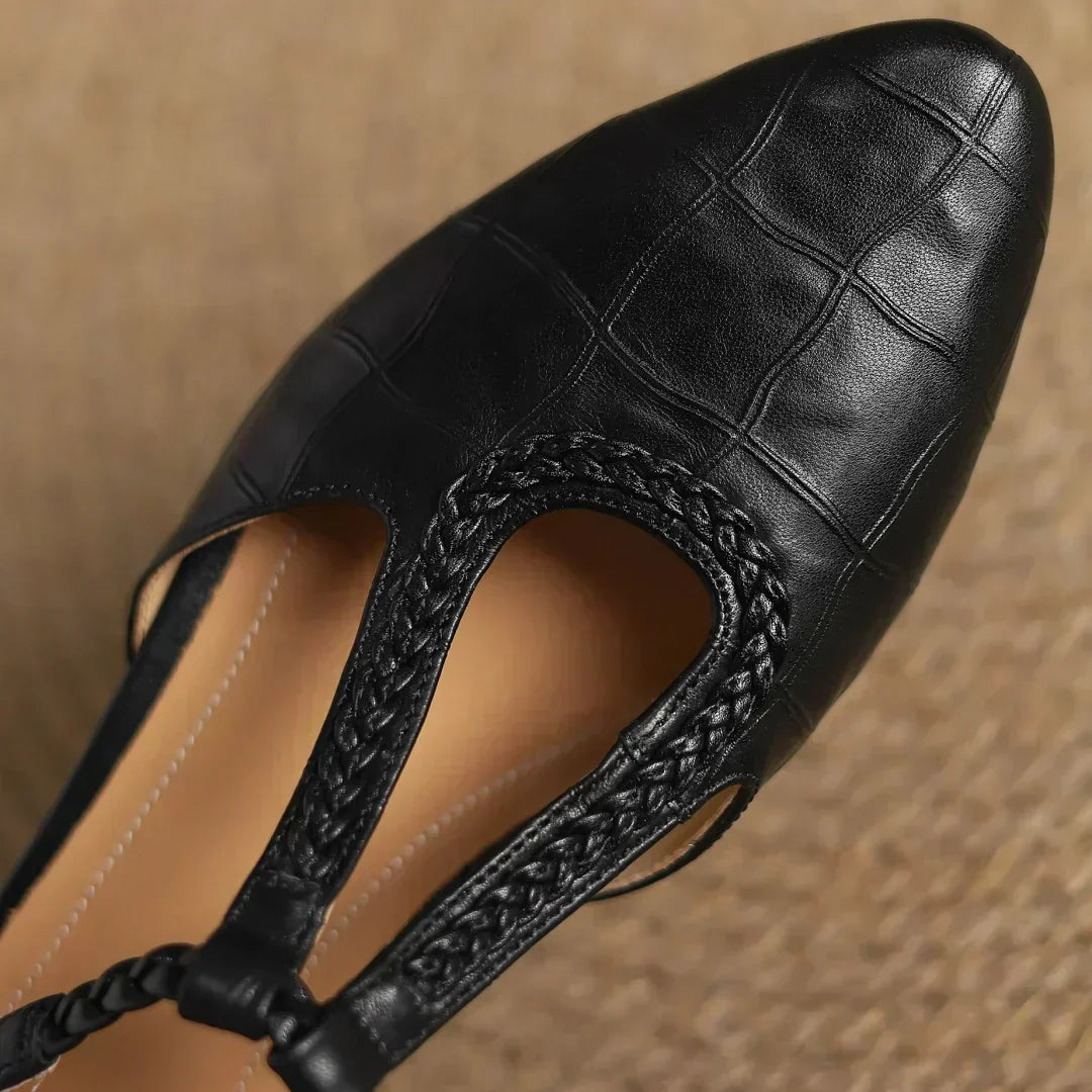 Greta – Classic Leather T-Bar Shoes with Braided Detail | Elina Dublin