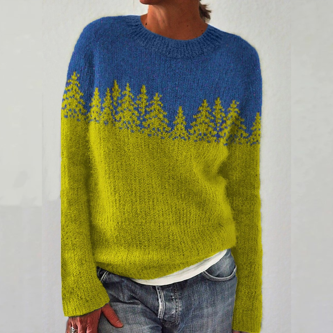 Rikarda | Blue-Yellow Retro Jumper with Fir Tree Pattern | Elina Dublin