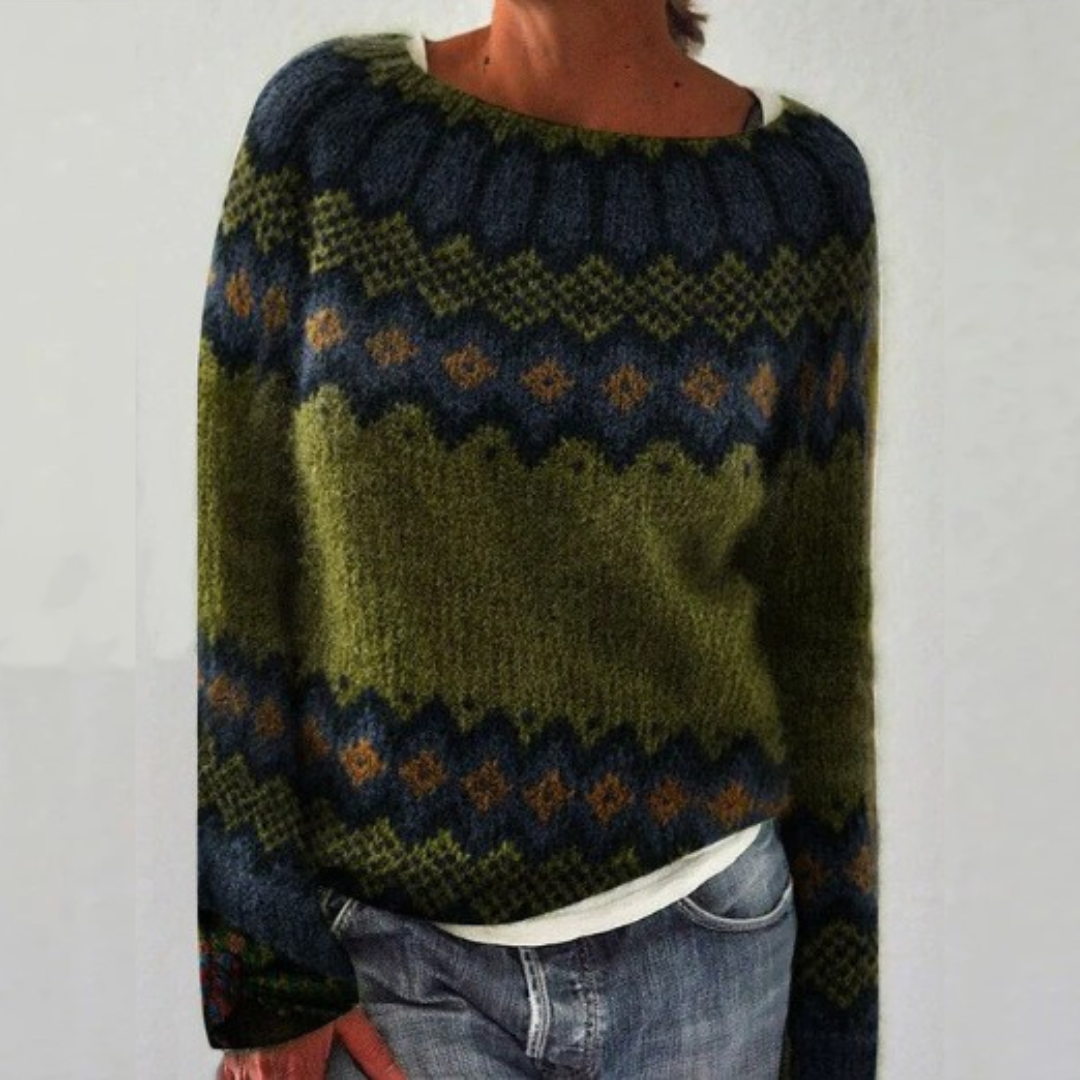 Salomé | Olive Green Retro Jumper with Zigzag Pattern | Elina Dublin