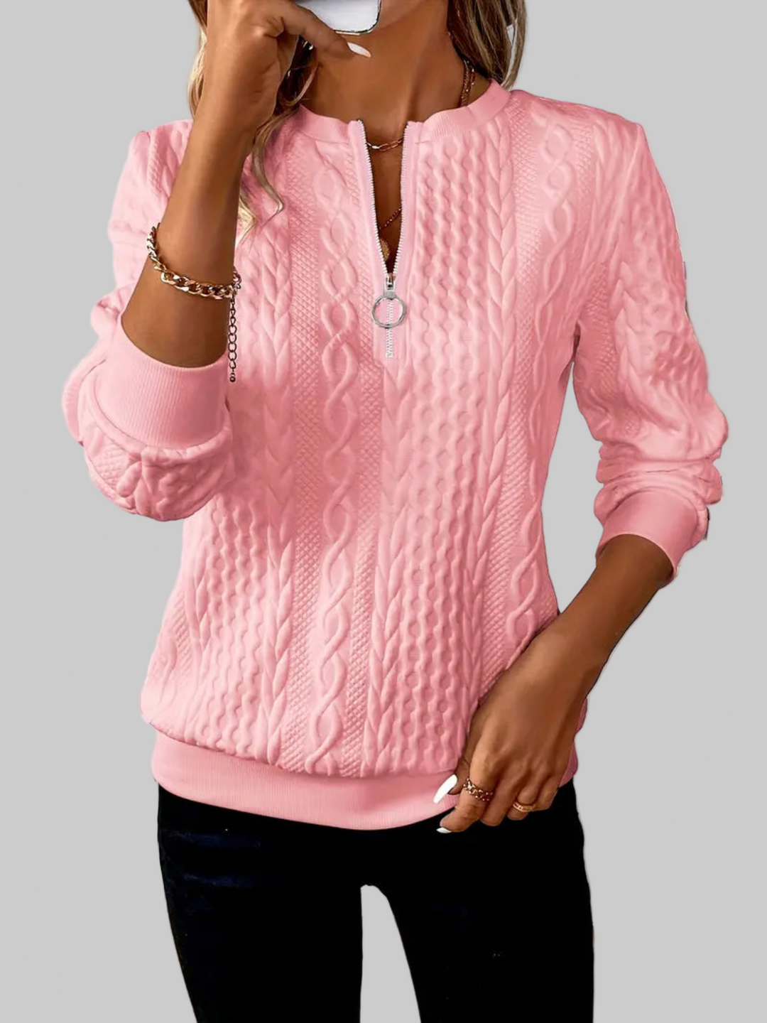 Amalie - Cable Knit Zip-Up Sweater for Women | Elina Dublin