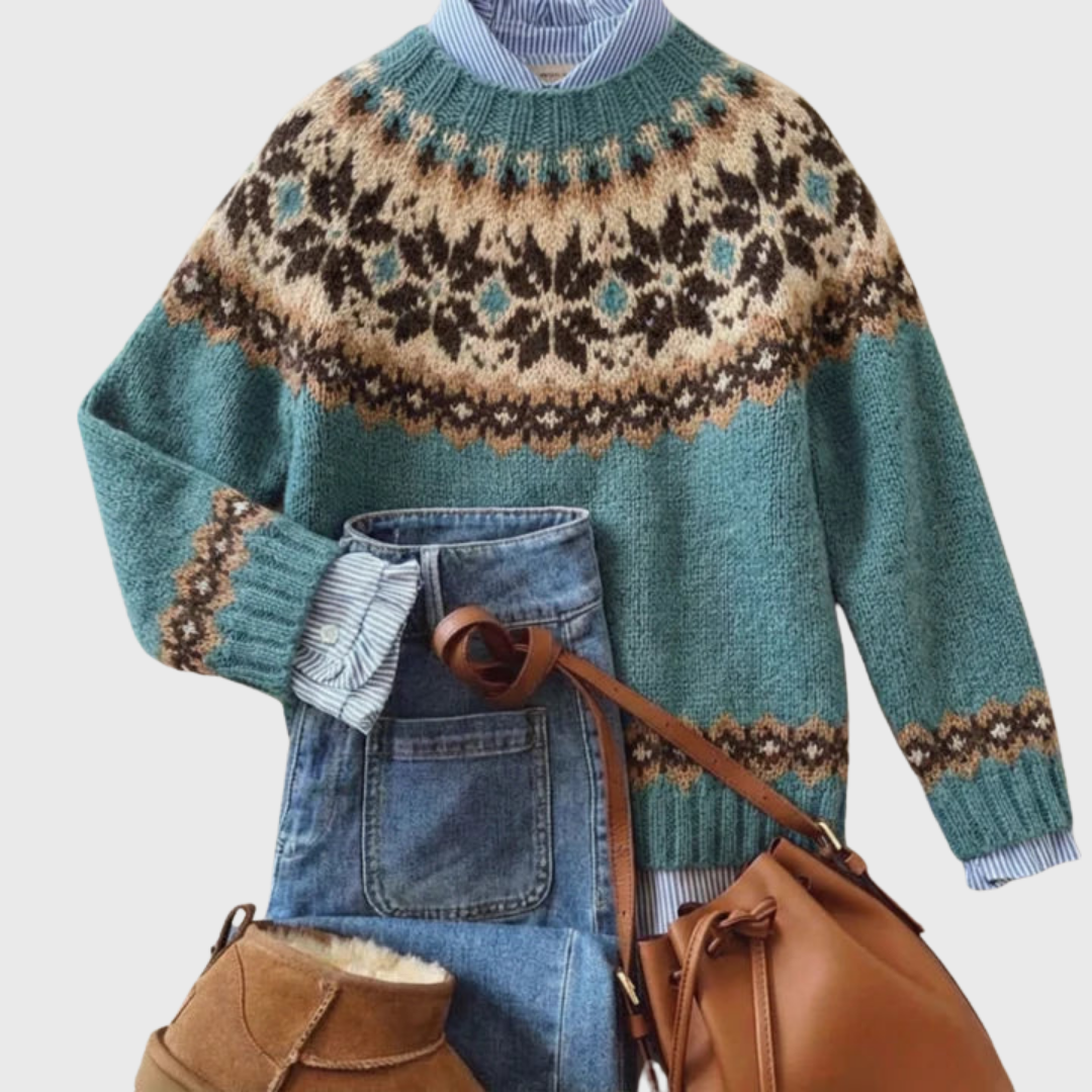 Vellaria | Teal Vintage Knit Jumper with Nordic Pattern | Elina Dublin
