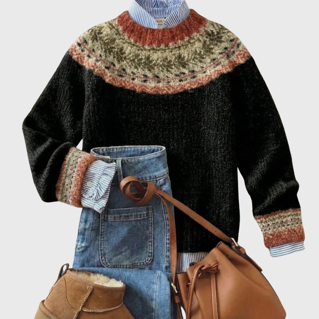 Elveria | Black Vintage Knit Jumper with Nordic Yoke | Elina Dublin