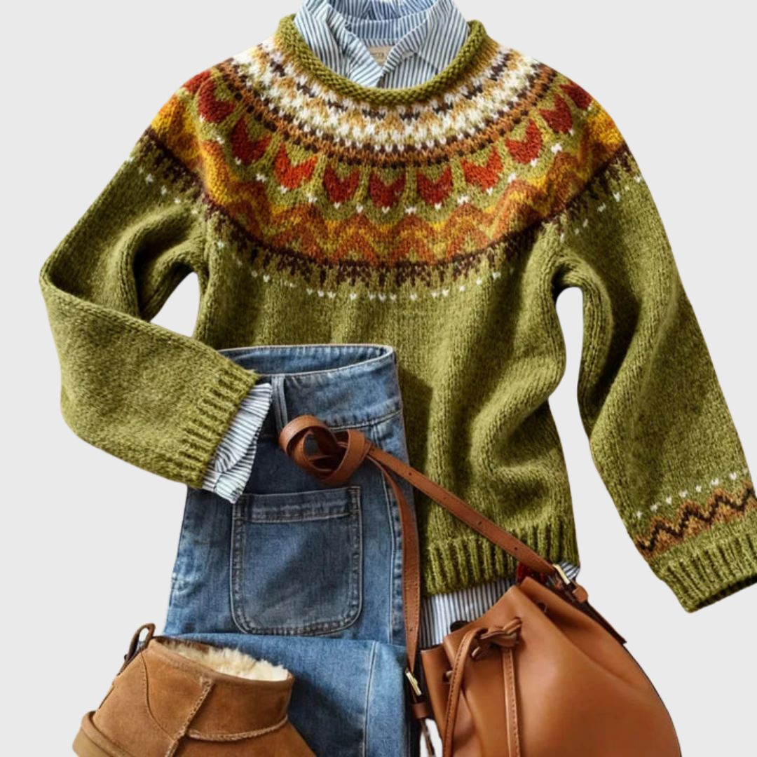 Ardena | Olive Green Classic Vintage Knit Jumper with Nordic Pattern | Elina Dublin