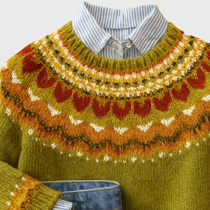 Ardena | Olive Green Classic Vintage Knit Jumper with Nordic Pattern | Elina Dublin