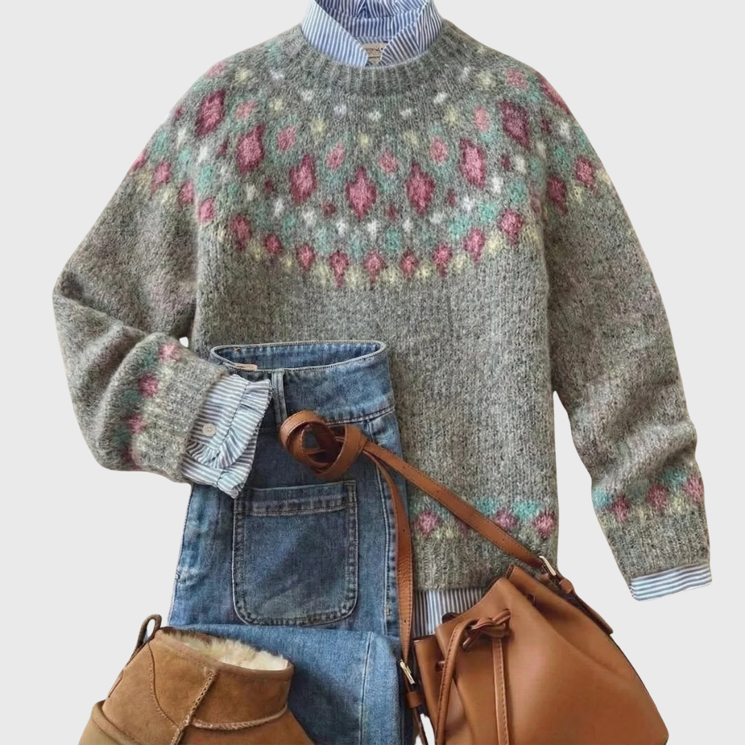 Lara | Grey Vintage Jumper with Blossom Pattern | Elina Dublin