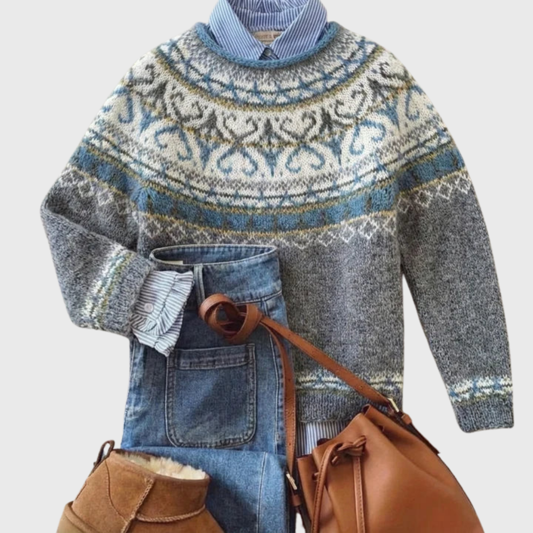 Lux | Light Grey Vintage Jumper with Nordic Pattern | Elina Dublin