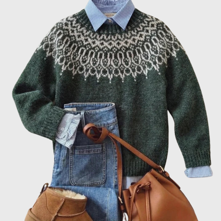 Tando | Dark Green Classic Vintage Knit Jumper with Snowflake Pattern | Elina Dublin