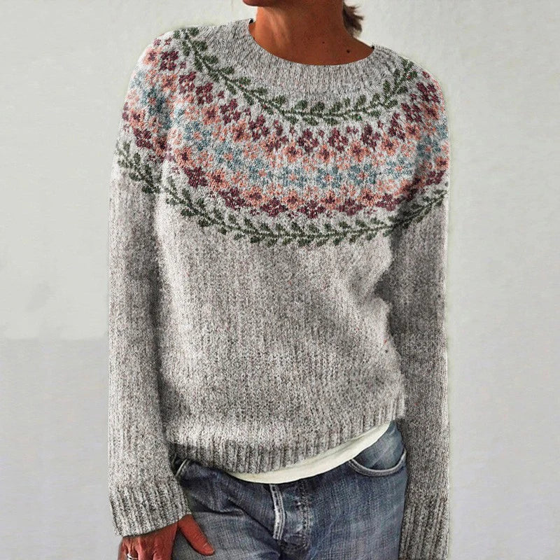 Inga | Grey Retro Jumper with Floral Pattern | Elina Dublin