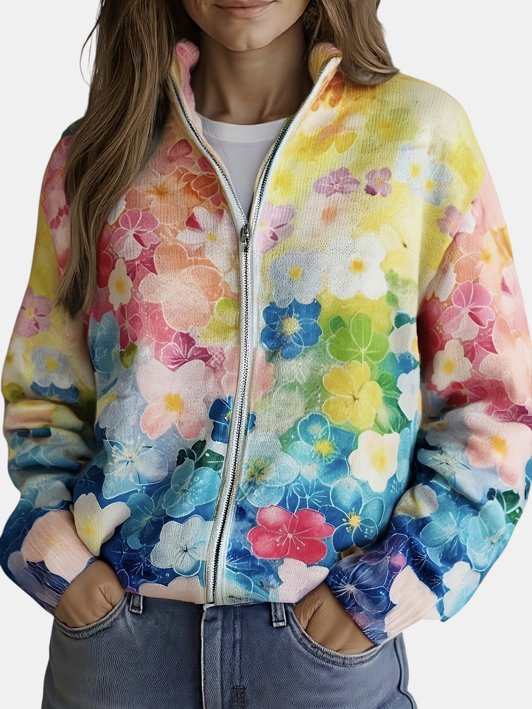 Inés | Knitted Cardigan with Watercolour Floral Print | Elina Dublin