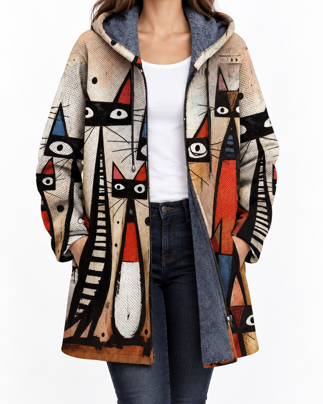 Abstract Pattern Coat with Cat — Elina Dublin studio photograph