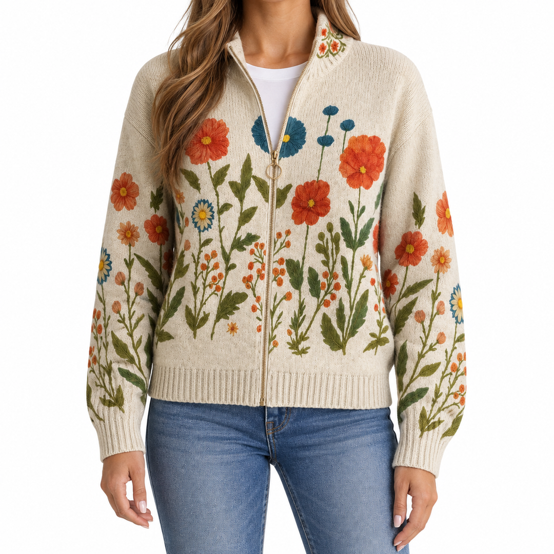 Vanesa | Knitted Cardigan with Wildflower Print — Elina Dublin studio photograph