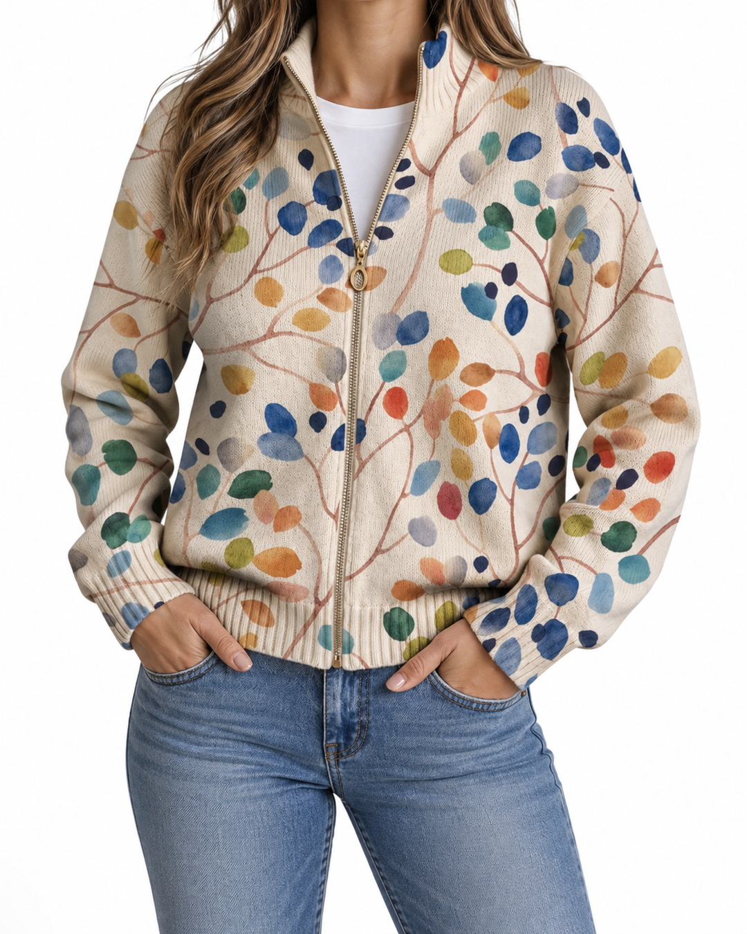 Consuelo | Knitted Cardigan with Multicolour Leaf Pattern — Elina Dublin studio photograph