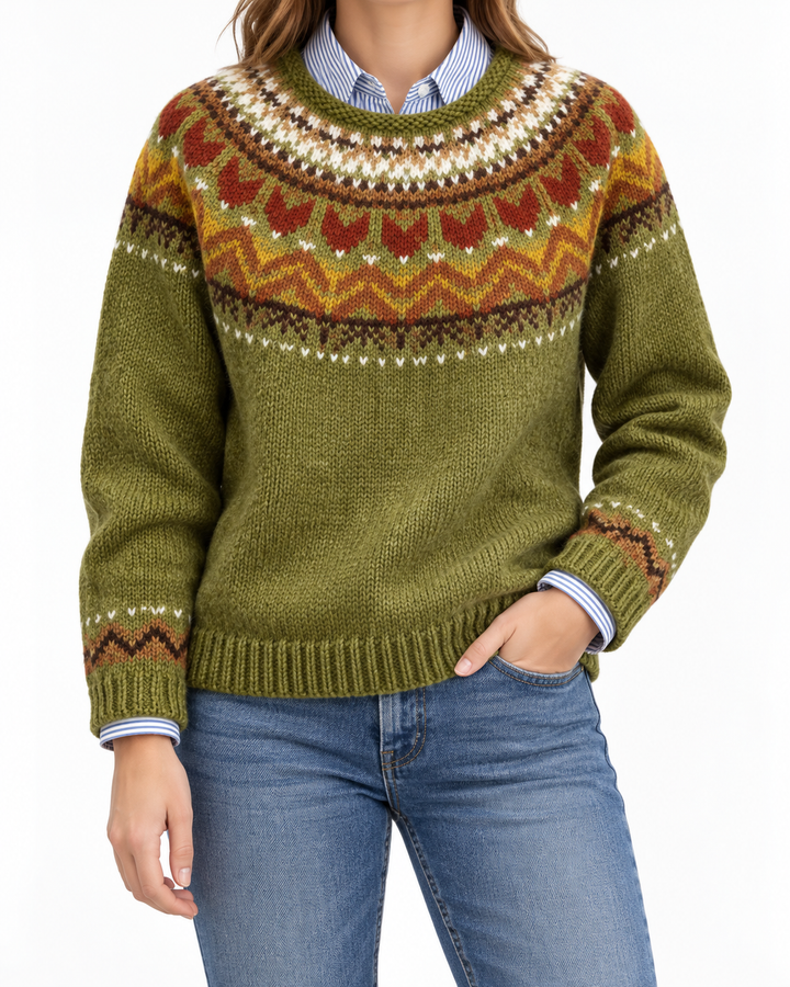 Ardena | Olive Green Classic Vintage Knit Jumper with Nordic Pattern — Elina Dublin studio photograph