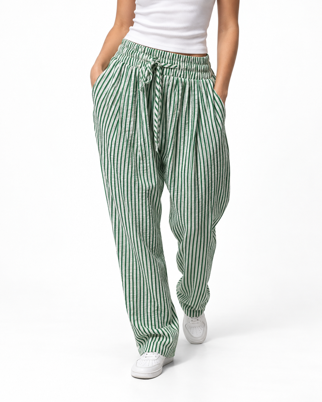 BELINDA™ – Classic Striped Print Summer Trousers — Elina Dublin studio photograph